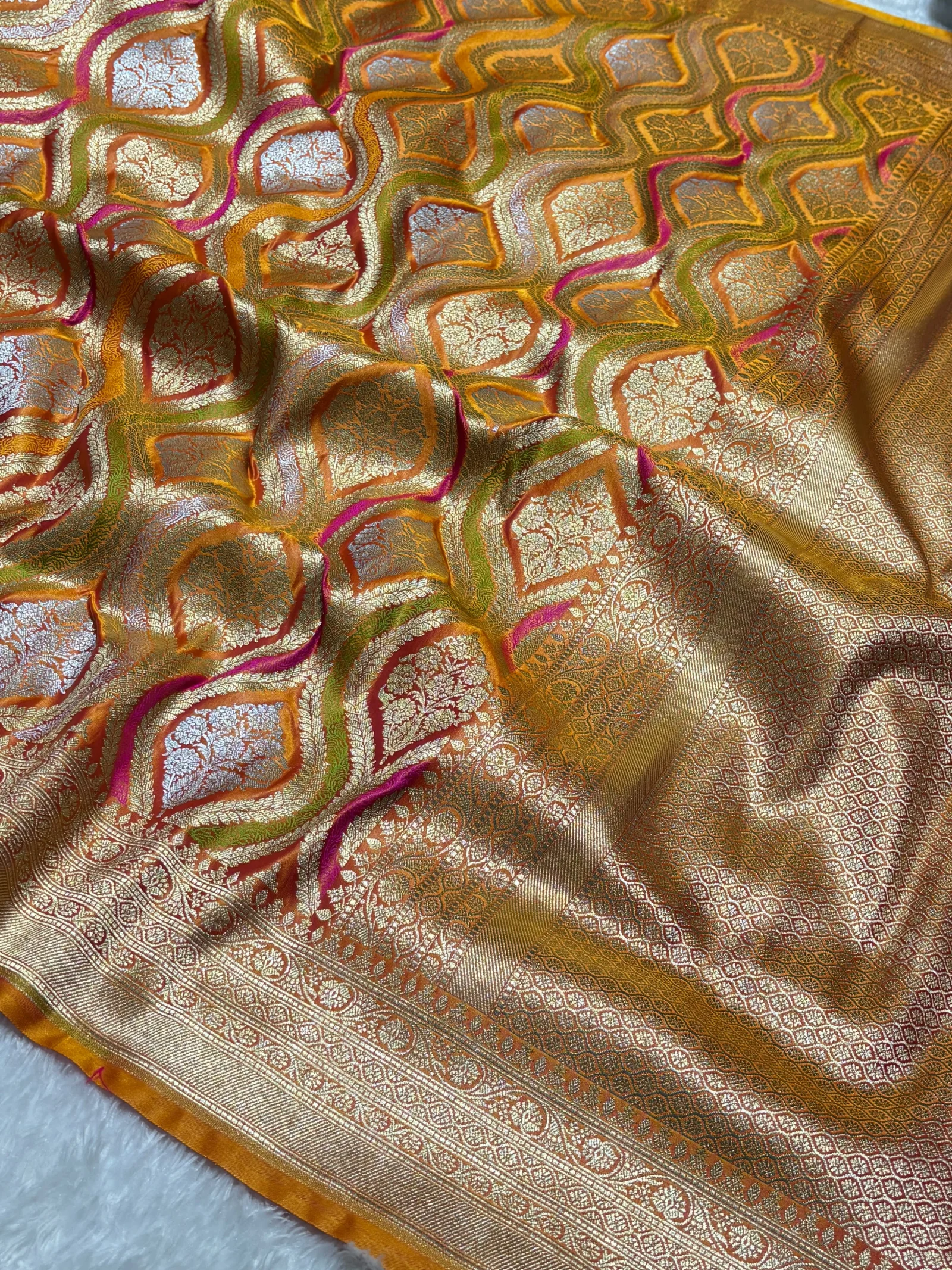 Beige Brown Banarasi Silk Masru Benarasi saree with embroidered border